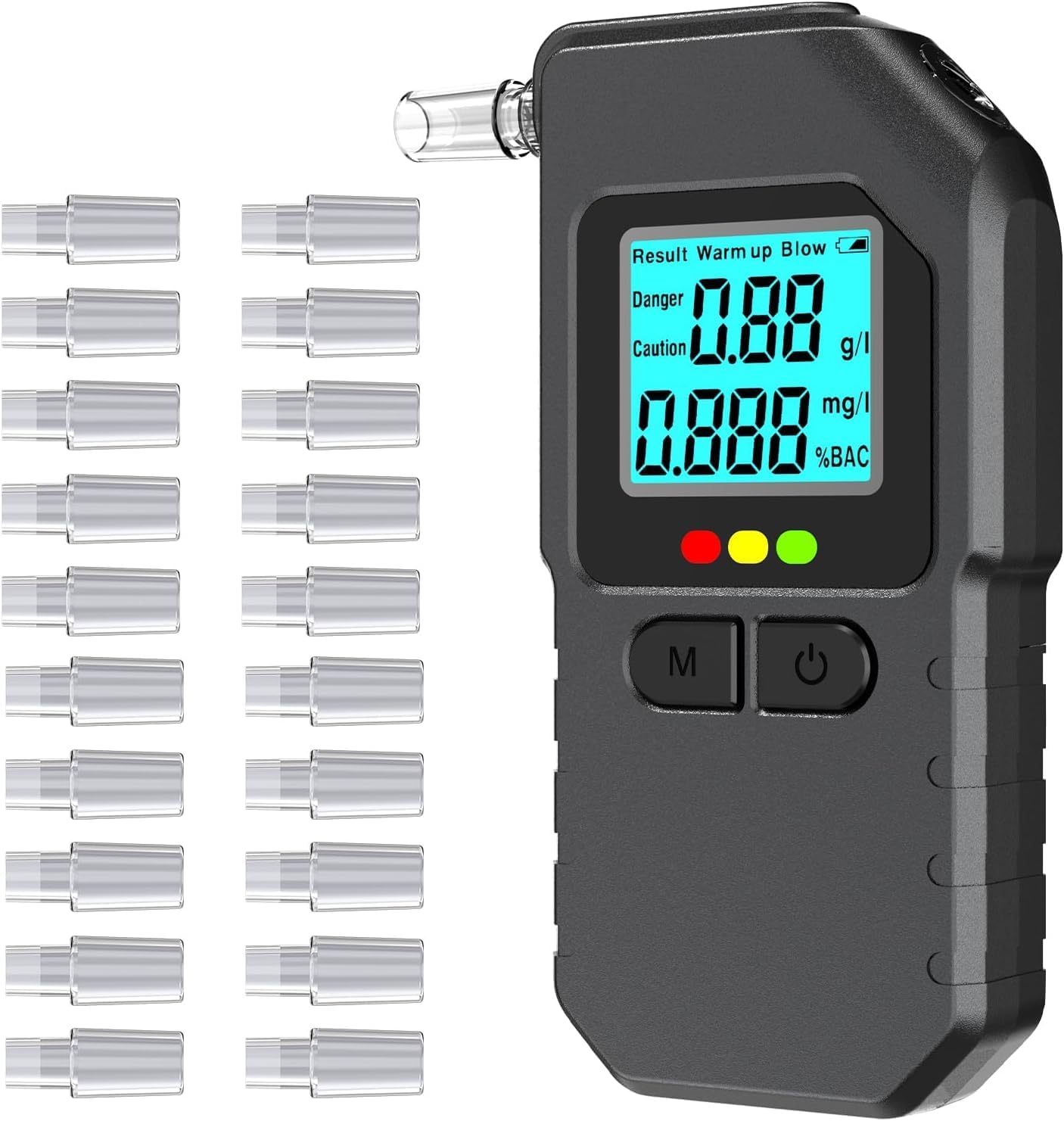 Detalle de Alkoholtester Alkotester Atemalkoholtester Promilltester Dual-Sensor, LCD-Display, 20 Mundstücke – tragbar für Auto & Zuhause (Schwarz)