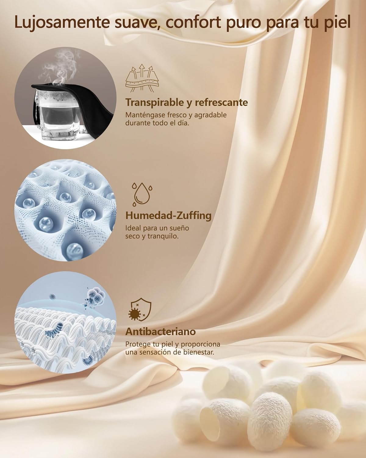 Detalle de Aosun Antifaz para Dormir de Seda 100% Natural con Correa Ajustable y Sin Presión Ocular