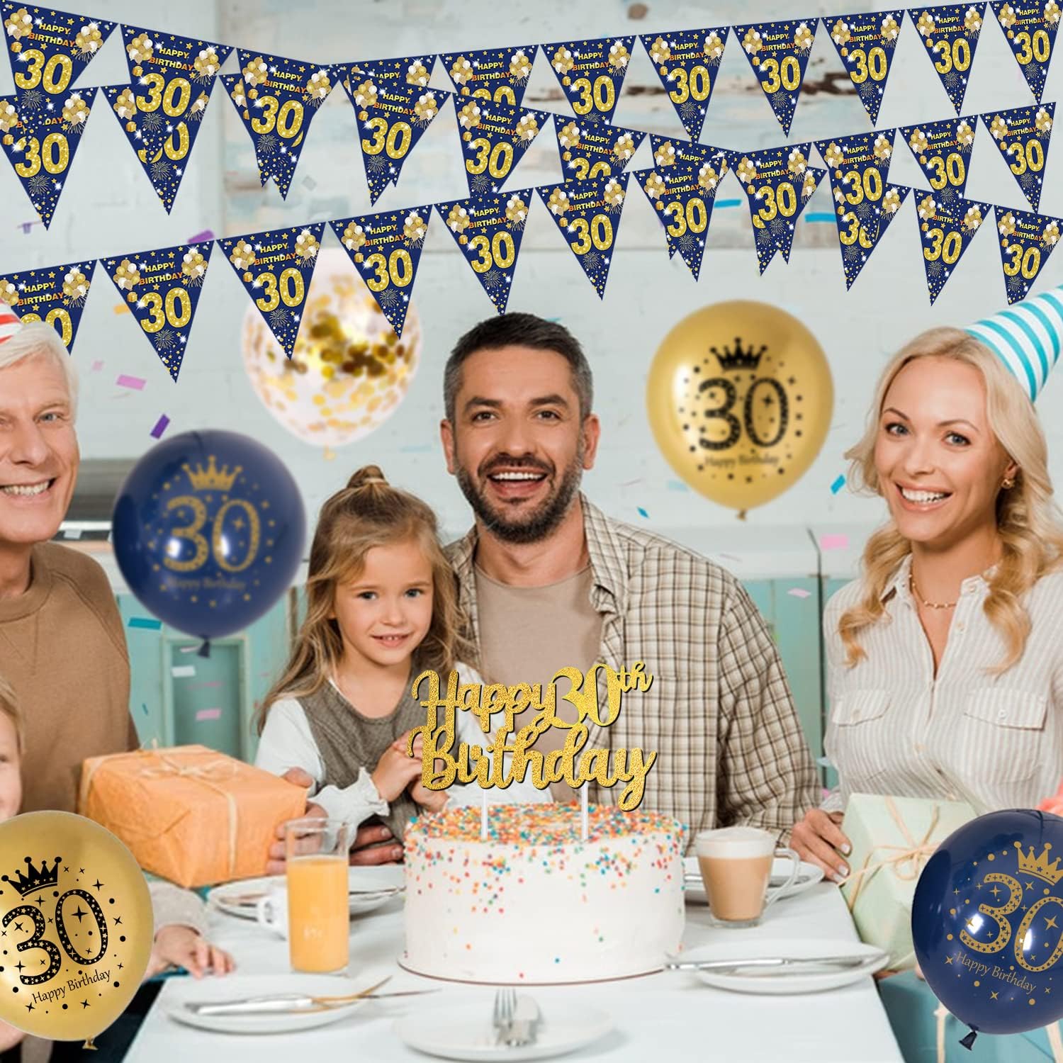 Thumbnail 3 de VICTERR 30th Birthday Decorations for Men (Blue & Gold) – bunting banner, foil balloons and confetti balloons