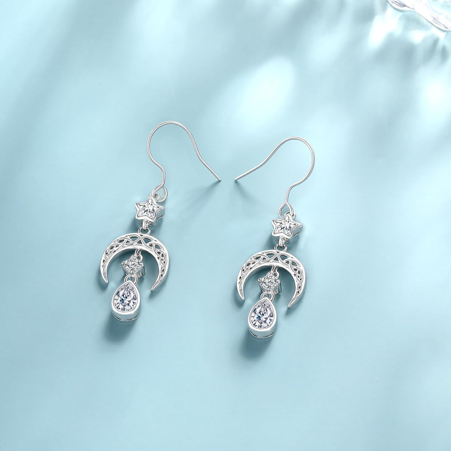 Thumbnail 2 de Qings Birthstone Earrings for Women — 925 Sterling Silver Celtic Moon & Star Birthstone Teardrop Earrings