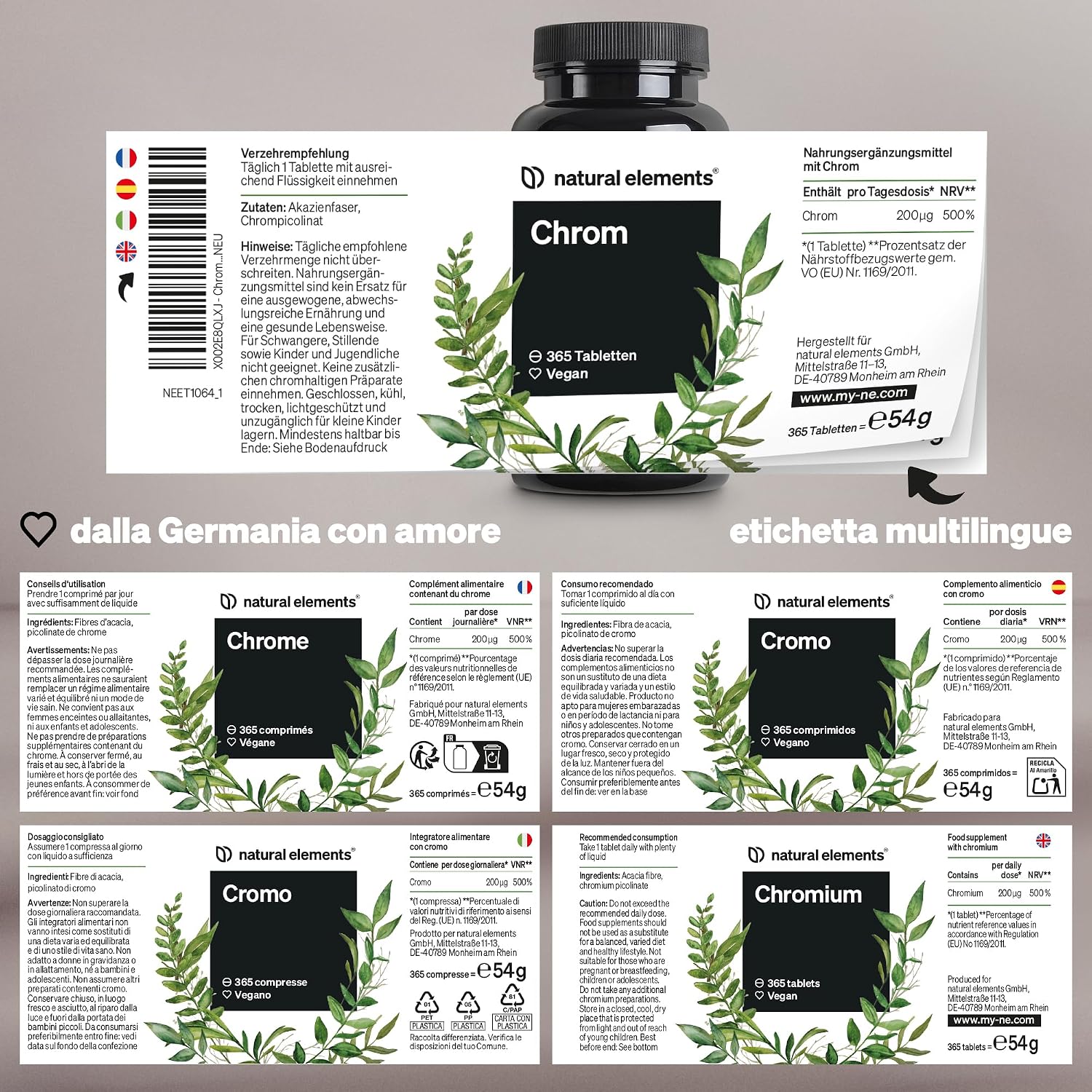 Detalle de natural elements Cromo (picolinato di cromo) 200 μg per compressa – 365 compresse, vegano
