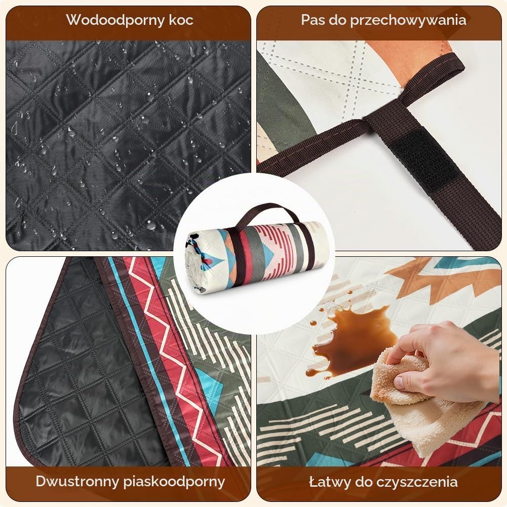 Detalle 2 de AUAUY koc piknikowy boho 200 × 200 cm, wodoodporny, z paskiem do noszenia
