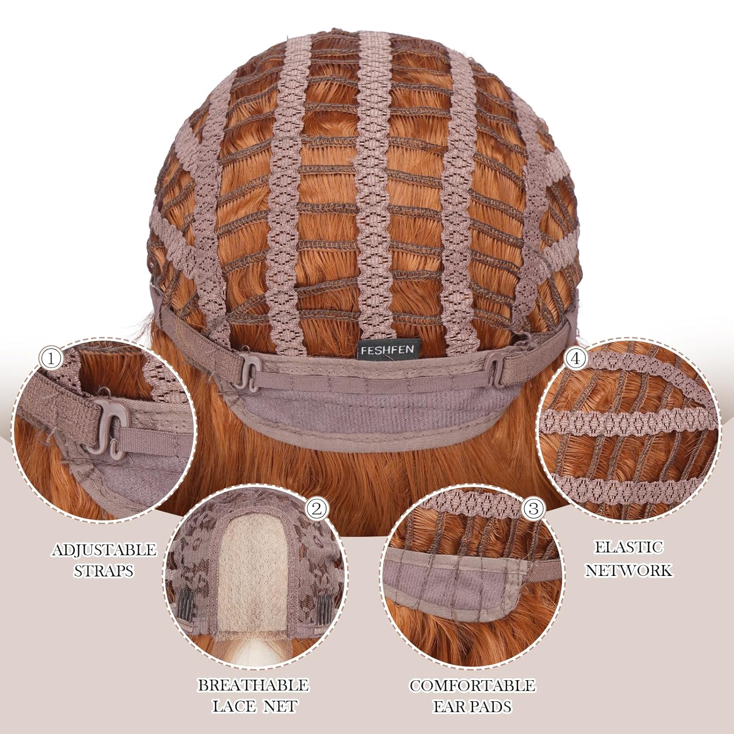 Thumbnail 5 de FESHFEN Lace Front Lange Gewellt Auburnrot Perücke – 60 cm, Synthetik, Natürlich fallend