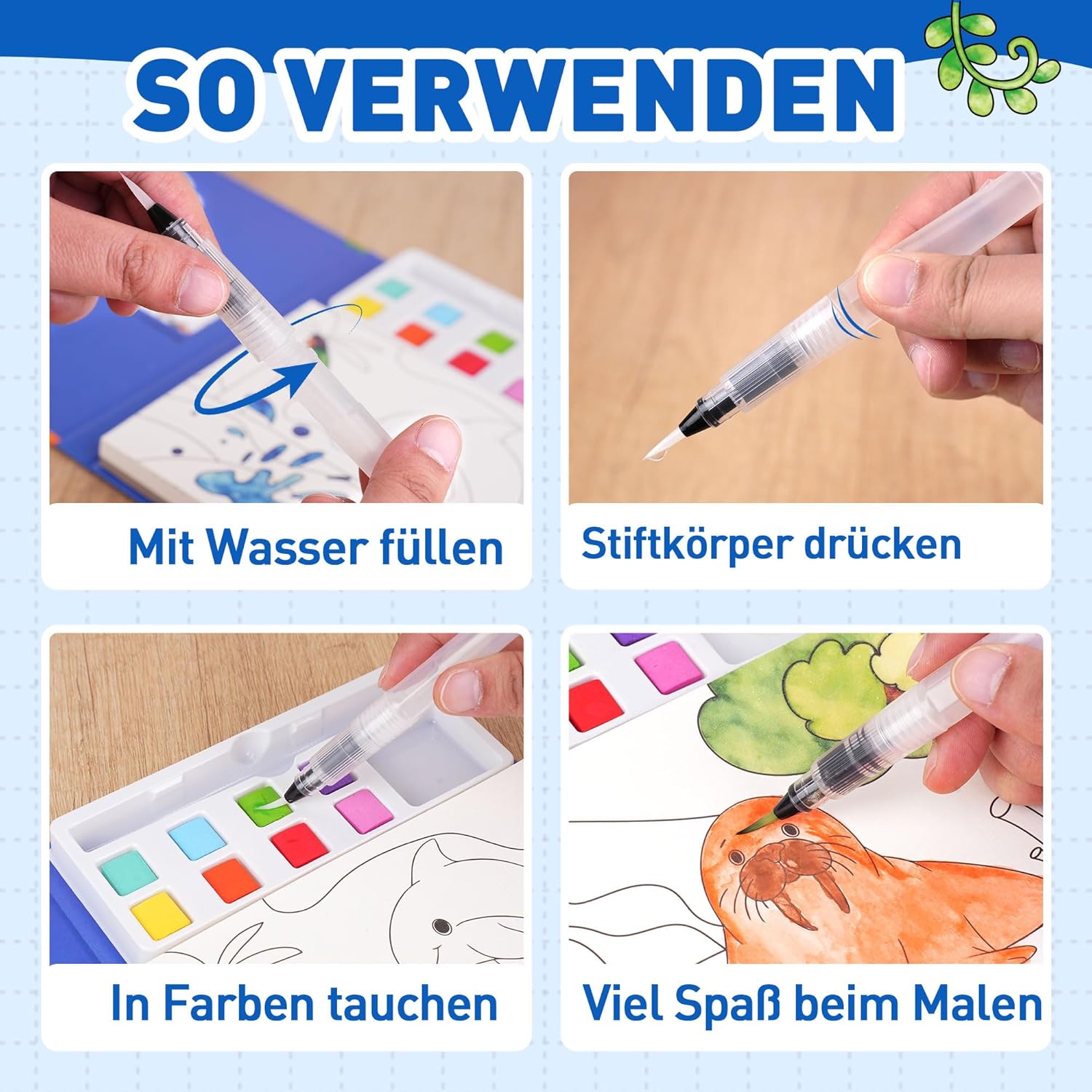 Detalle 2 de YPLUS Wassermalbuch für Kinder ab 3–6 Jahre – Meerestiere mit Wasserfarben, 8 Farben & Wasserpinsel