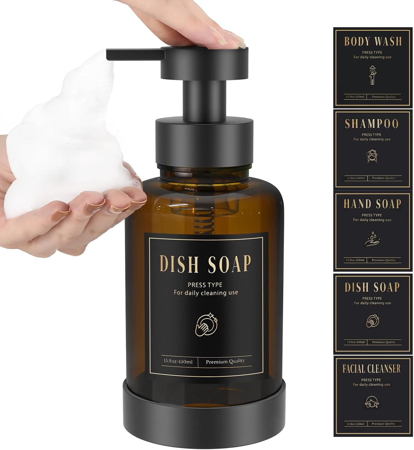 Detalle de Luxspire 15 oz Amber Glass Foaming Soap Dispenser with Anti-Drip Pump