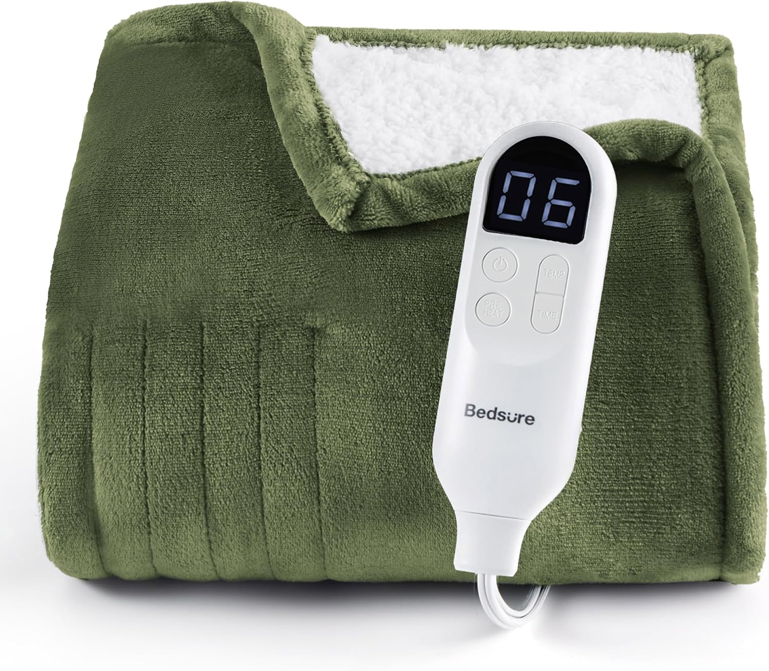 Detalle de Bedsure BS-100T Heated Throw Blanket, 6 Heat Settings, Olive Green, 50" x 60