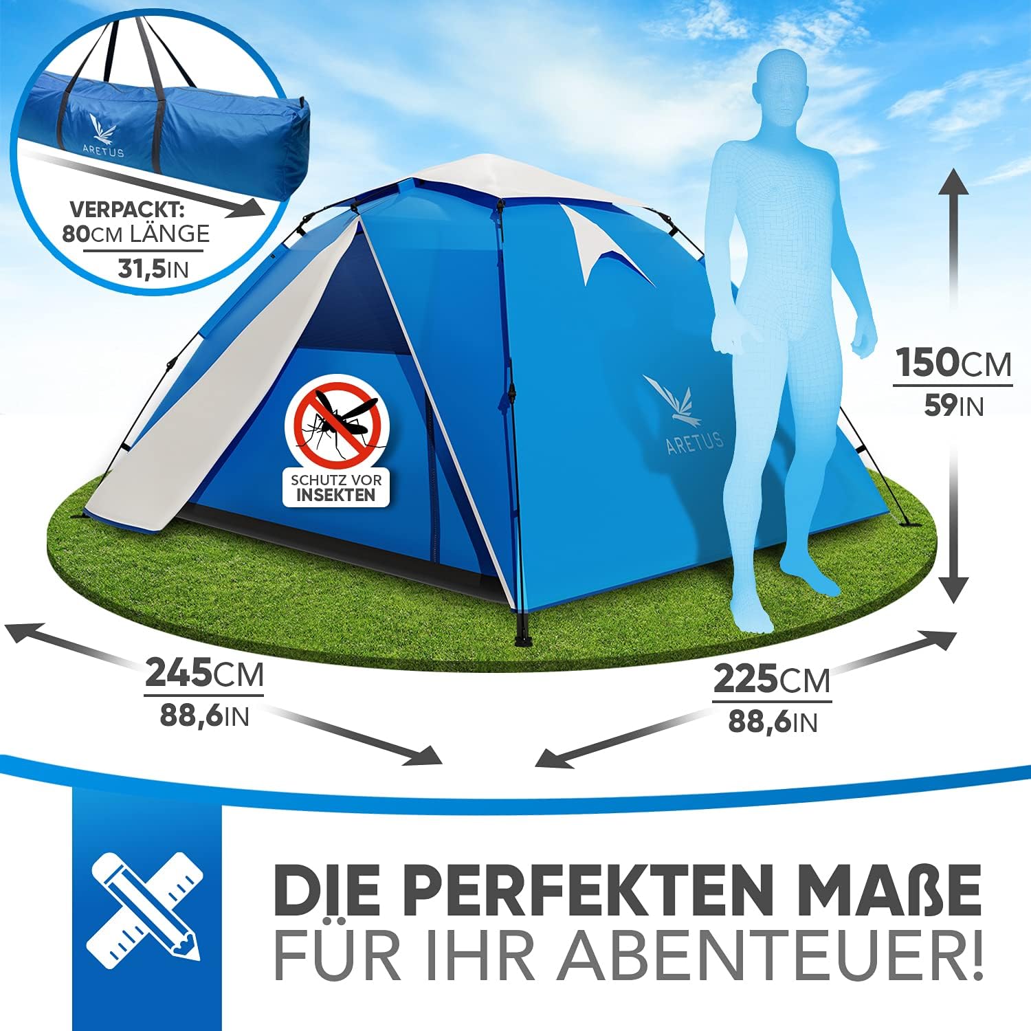 Detalle de Aretus Wurfzelt 2–4 Personen: extra wasserdicht, stabil und blitzschneller Aufbau