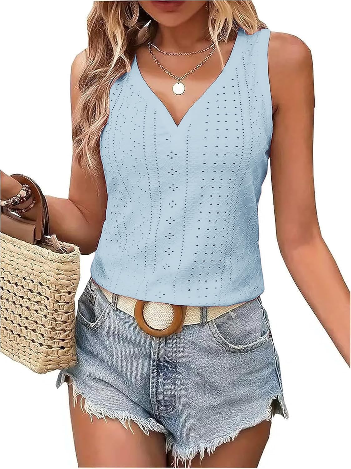 Thumbnail 6 de Qskall Women's Eyelet Embroidery Tank Top – Loose Fit V-Neck Summer Camisole