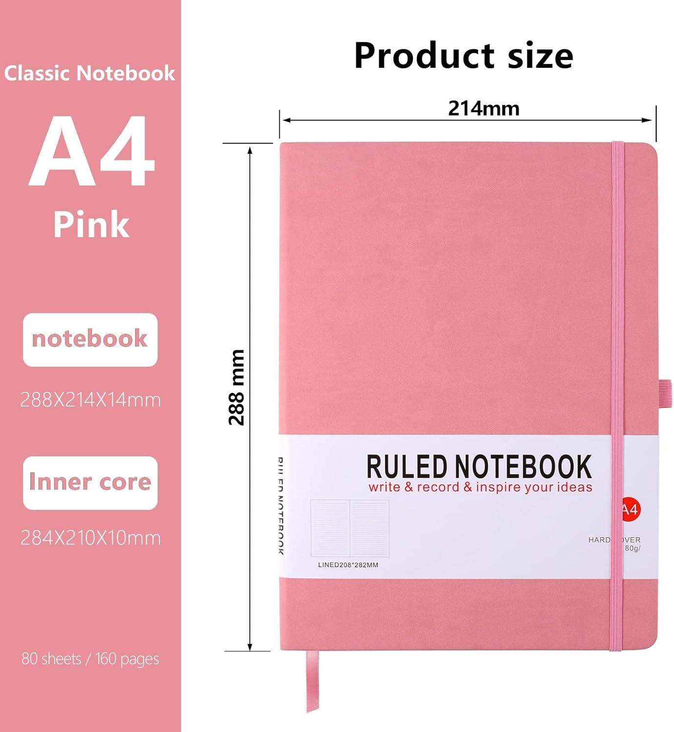 Detalle de HIJYOO A4 Hardcover Notebook (160 pages) in Pink