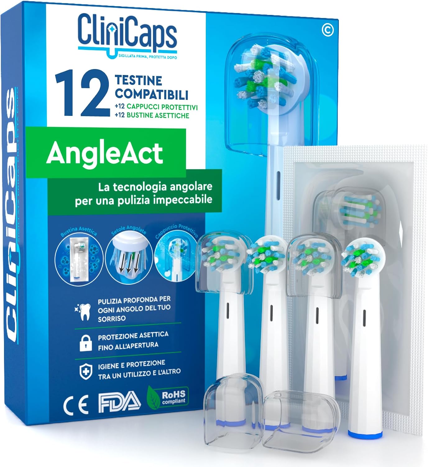 12 Testine Spazzolino Elettrico Angolate Angolate per Pulizia Profonda, compatibili con Oral-B – CliniCaps AngleAct