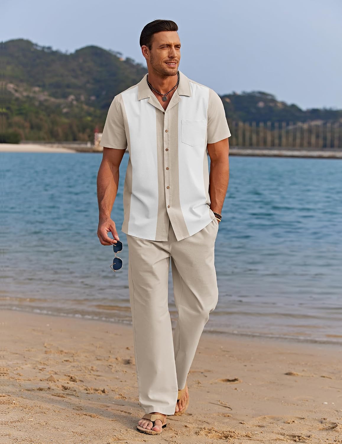 Detalle de COOFANDY Men 2 Piece Linen Outfit: Beach Button-Down Shirt & Loose Pant Set