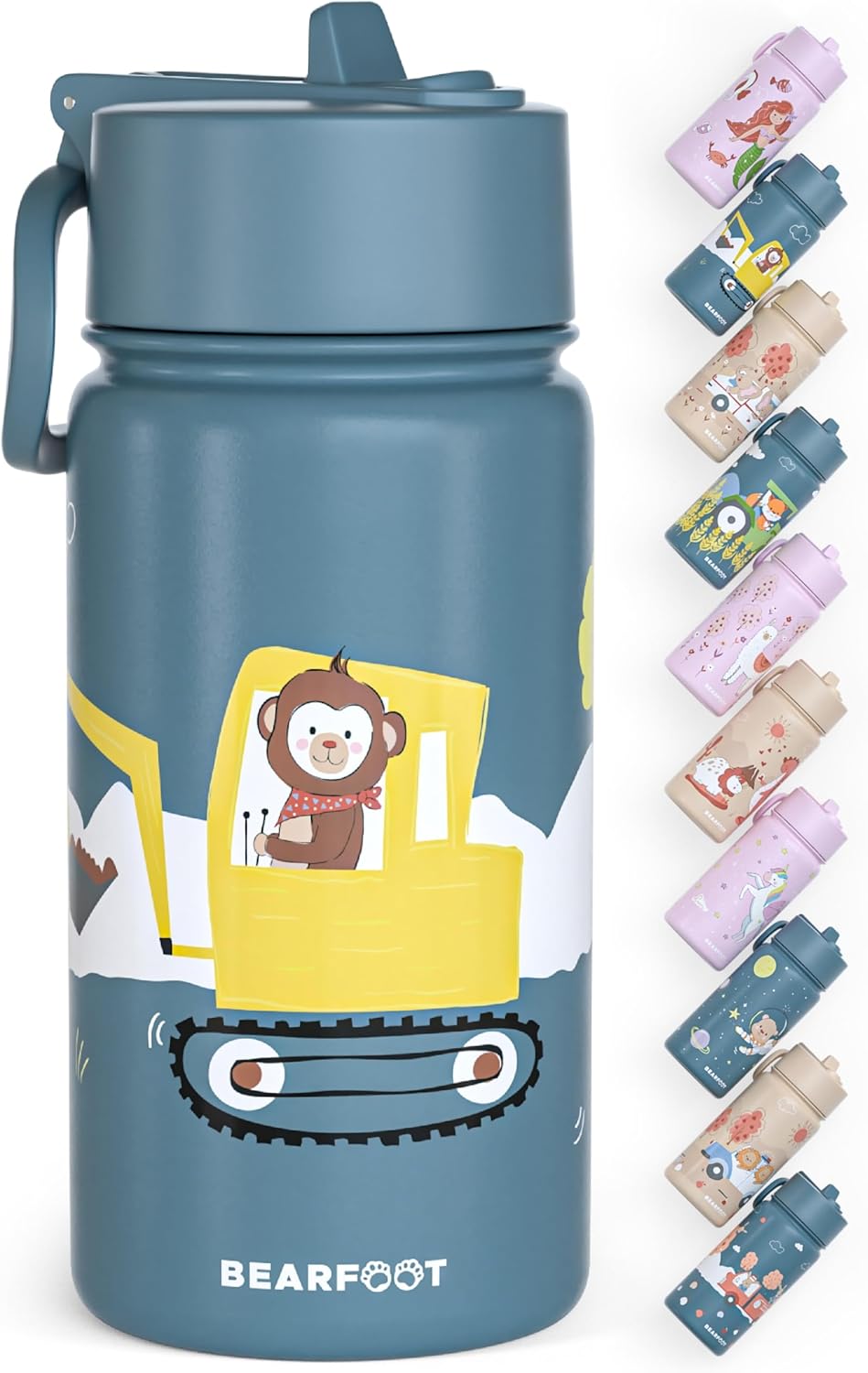 Detalle de BEARFOOT Trinkflasche Kinder Edelstahl 400ml mit Strohhalm – BPA-frei, auslaufsicher, Blau (Bagger Affe)