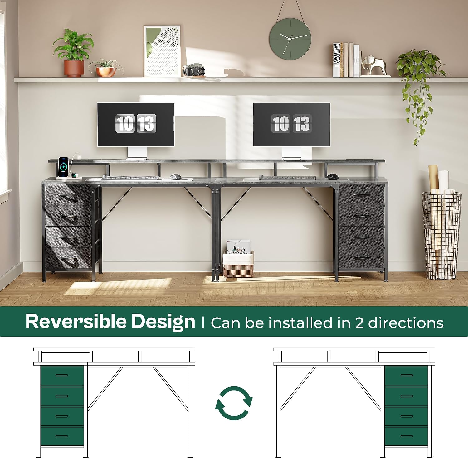 Thumbnail 6 de Huuger 47 Inch Computer Desk with Power Outlets and LED Lights (4 Drawers, Monitor Stand)