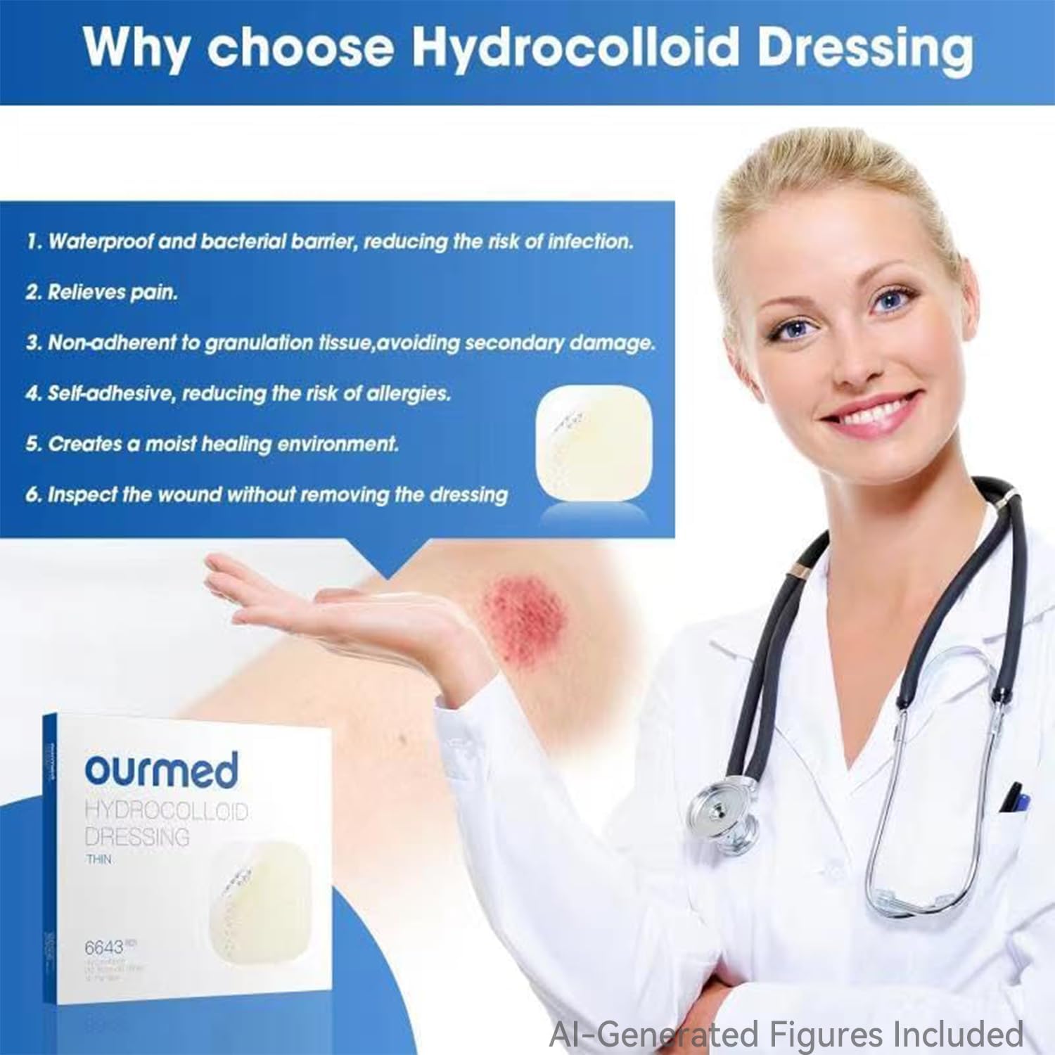 Detalle 2 de Ourmed Hydrokolloid Pflaster groß 10 x 10 cm – wasserdicht, 0,5 mm Dicke, 10 Stück