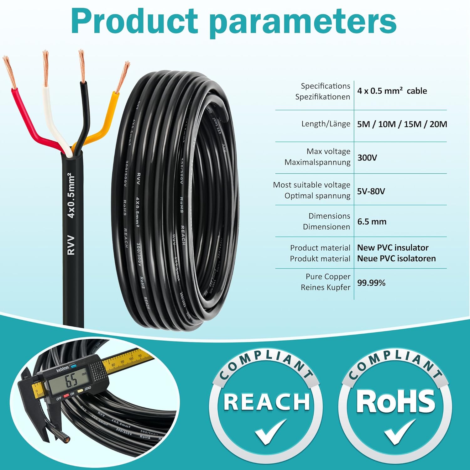 Thumbnail 2 de DARKGUARD 4-core automotive trailer cable (0.5mm²), 5m flexible copper wire for 12V/24V LED wiring