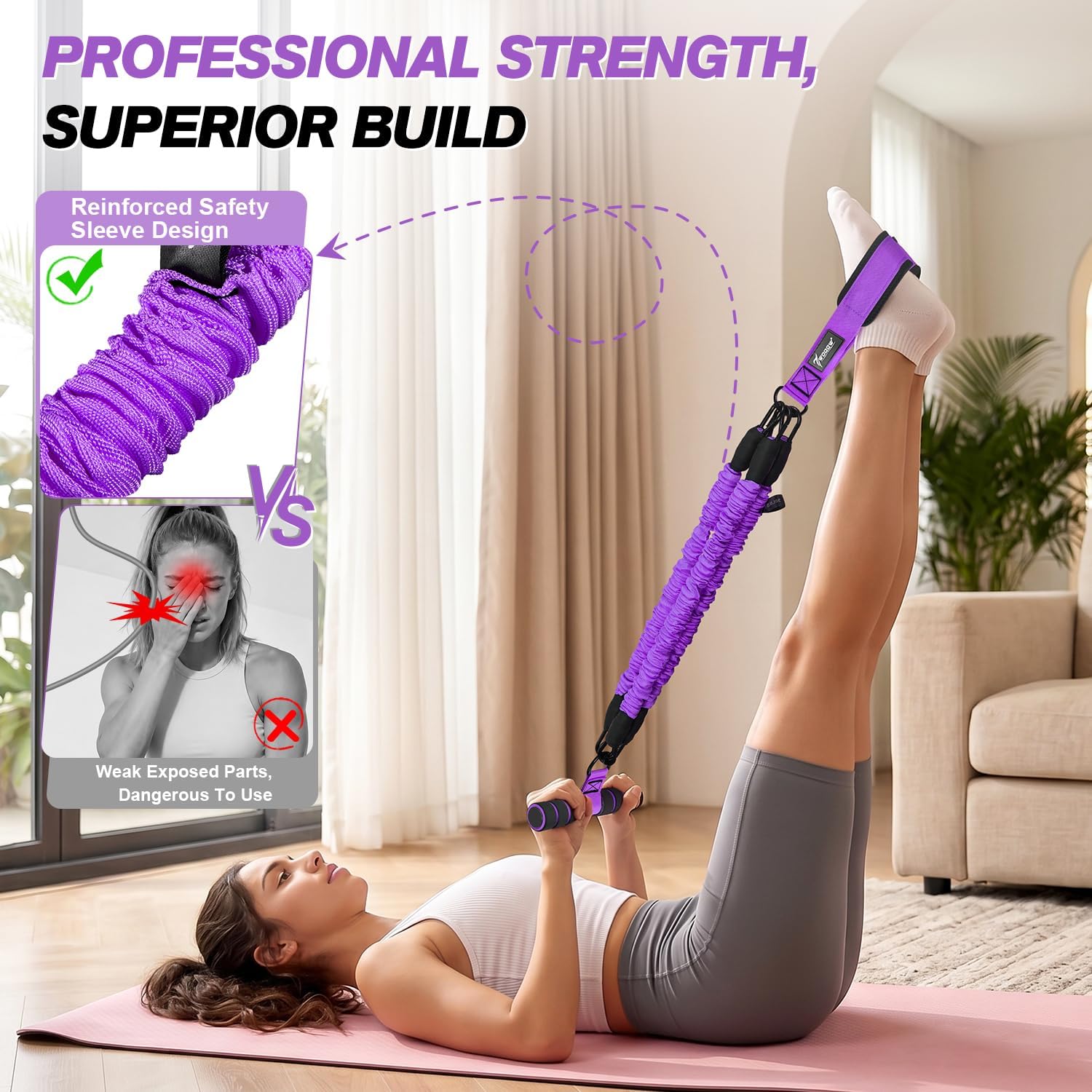 Detalle de WOQQW Multifunction Pedal Resistance Band with Handle – Upgraded 3-Tube Foot Pedal Band for Core, Arms, Legs and Back