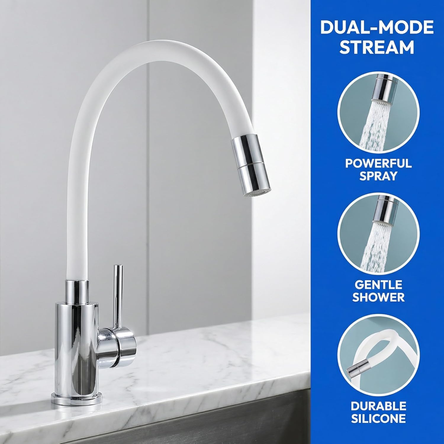 Thumbnail 3 de Wasserhahn Küche/Bad Flexibel – Hochdruck Küchenarmatur mit 2 Strahlarten, 360° schwenkbar (Edelstahl, weiß)