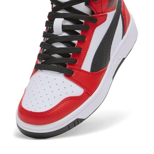 Detalle de PUMA Rebound V6 Mid Jr: zapatilla de cuero sintético para niños, estilo clásico y sujeción fiable