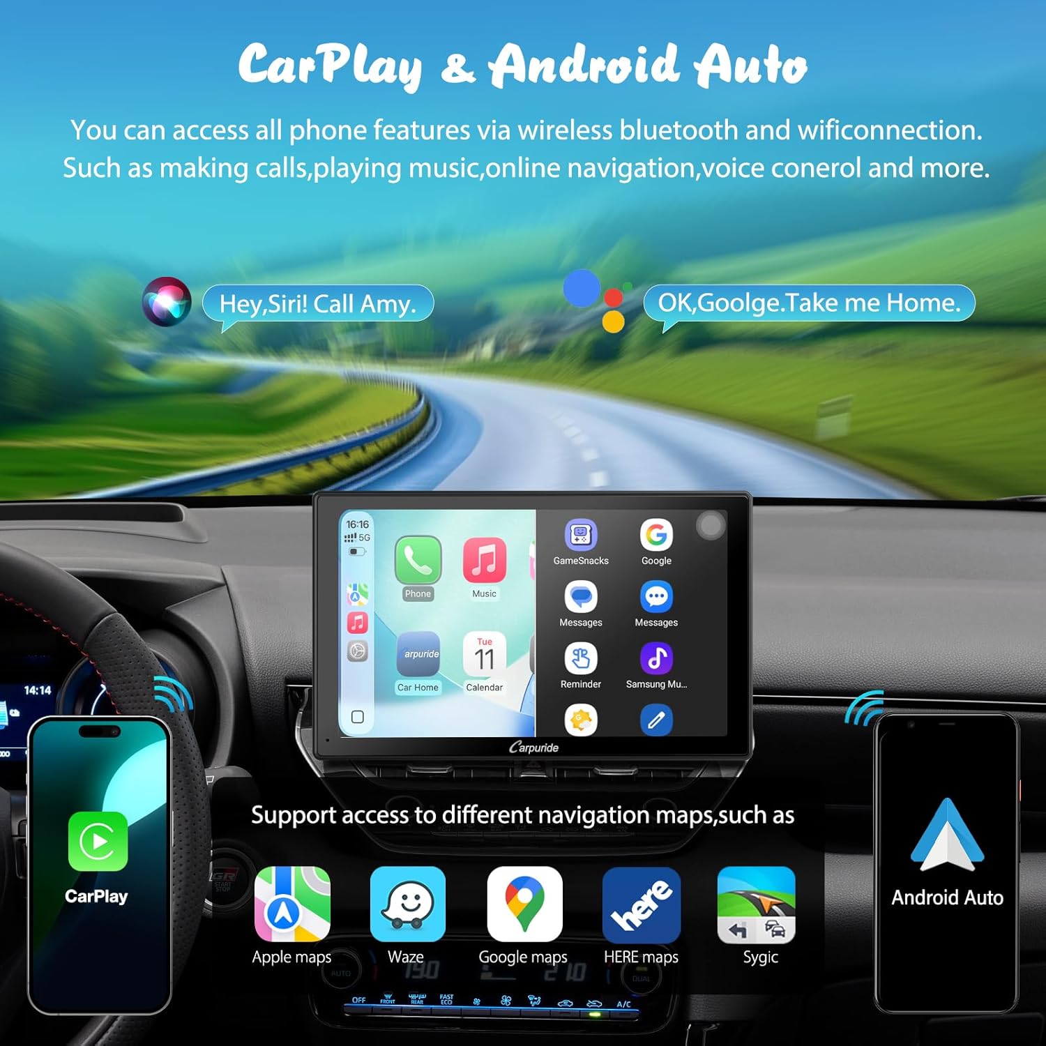 Thumbnail 2 de CARPURIDE W901 Pro: 9-Inch Wireless CarPlay/Android Auto Head Unit with Dual BT, Mirror Link, and Real-Time Navigation