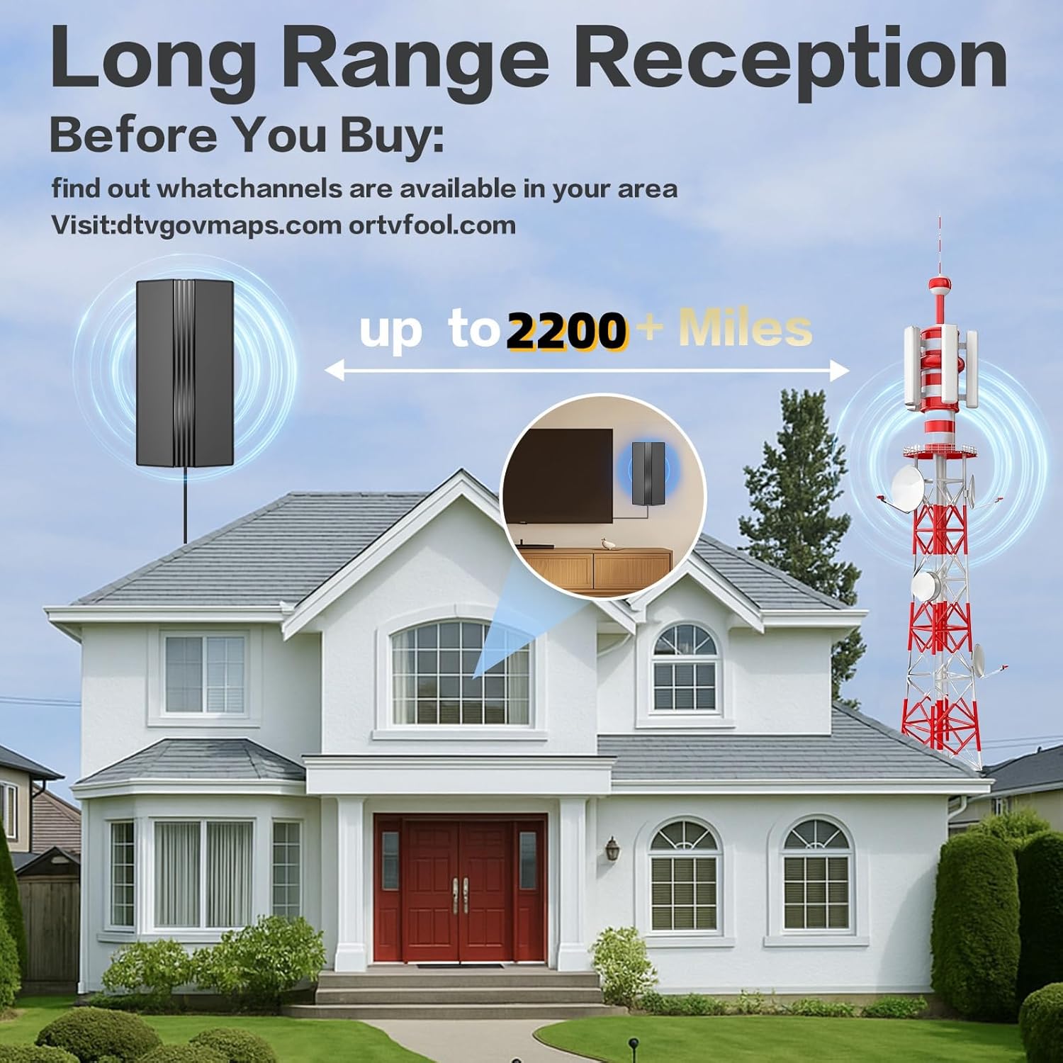 Thumbnail 1 de TV Antenna for Smart TV (2026) — 2200+ Mile Range, 360° Reception, Indoor/Outdoor Use