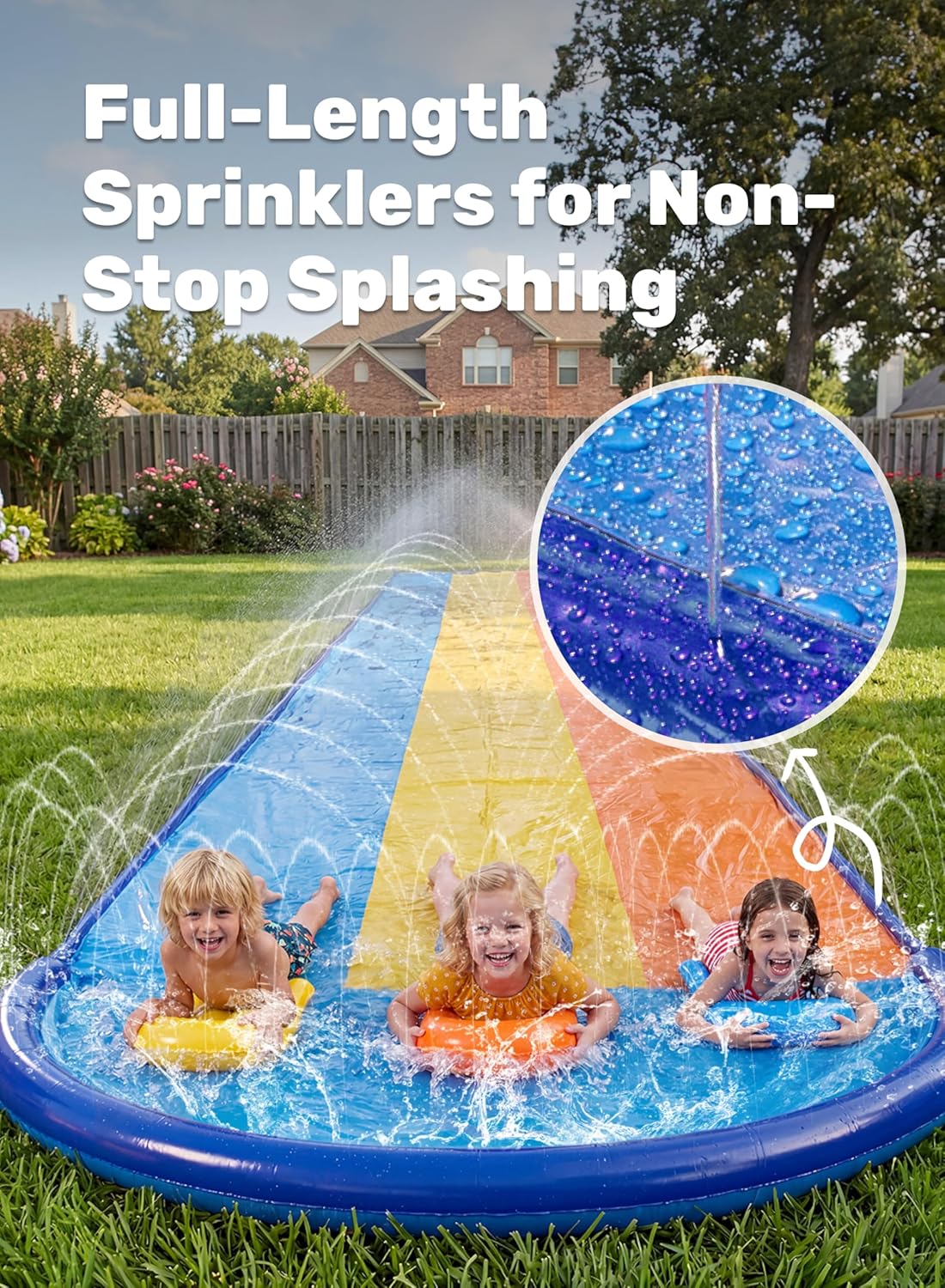 Detalle de Sloosh 18 ft / 548 cm dreispurige Rasen-Wasserrutsche mit Sprinkler & 3 Bodyboards