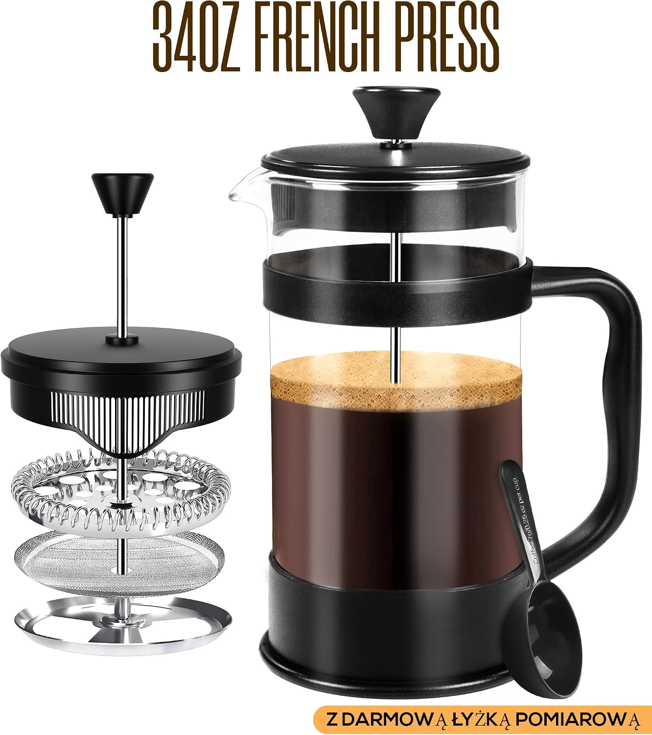 Detalle de KICHLY EU0315 French press 1000 ml z potrójnym filtrem i szkłem borokrzemowym