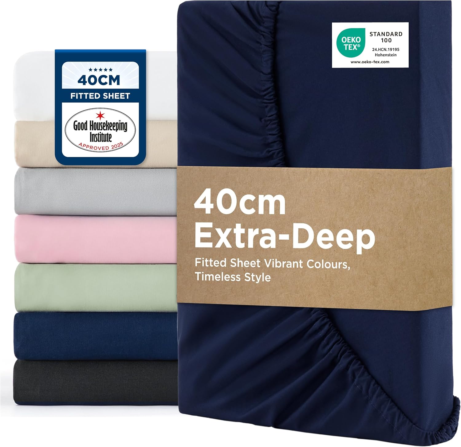 Detalle de Bedsure Double Fitted Sheet Deep – Extra Deep Pocket 40cm, Navy, 135x190cm