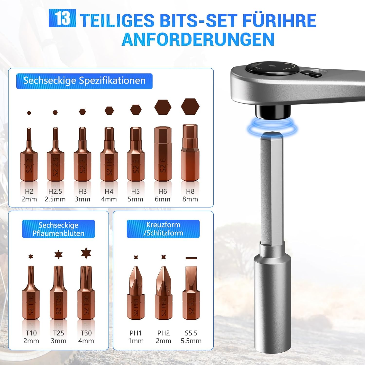 Detalle de Scalnuvyyh XT10XJL-11504997 – zestaw narzędzi rowerowych z grzechotką 1/4″ i 13 bitami