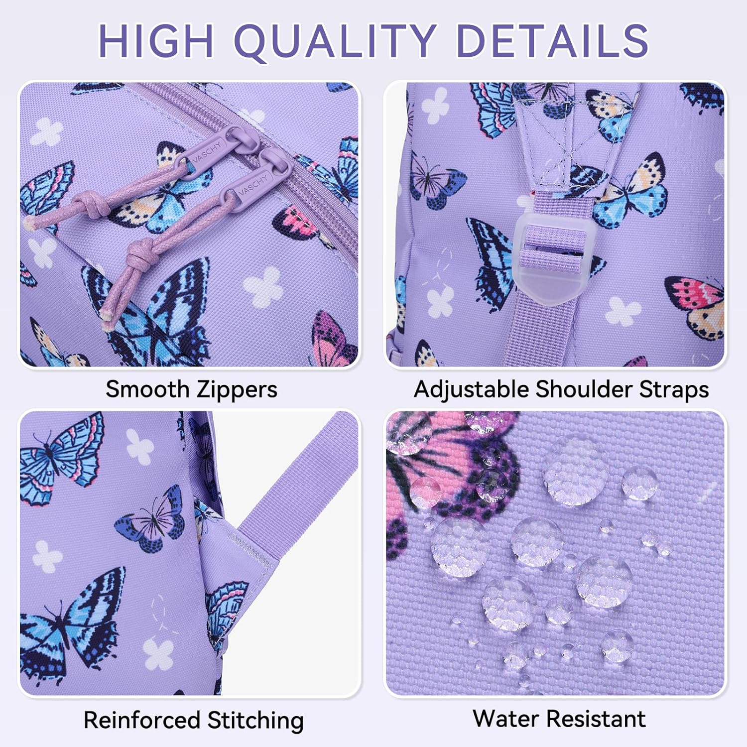 Detalle de VASCHY School Backpack: Lightweight 17L Rucksack with Butterfly Print for Kids and Adults