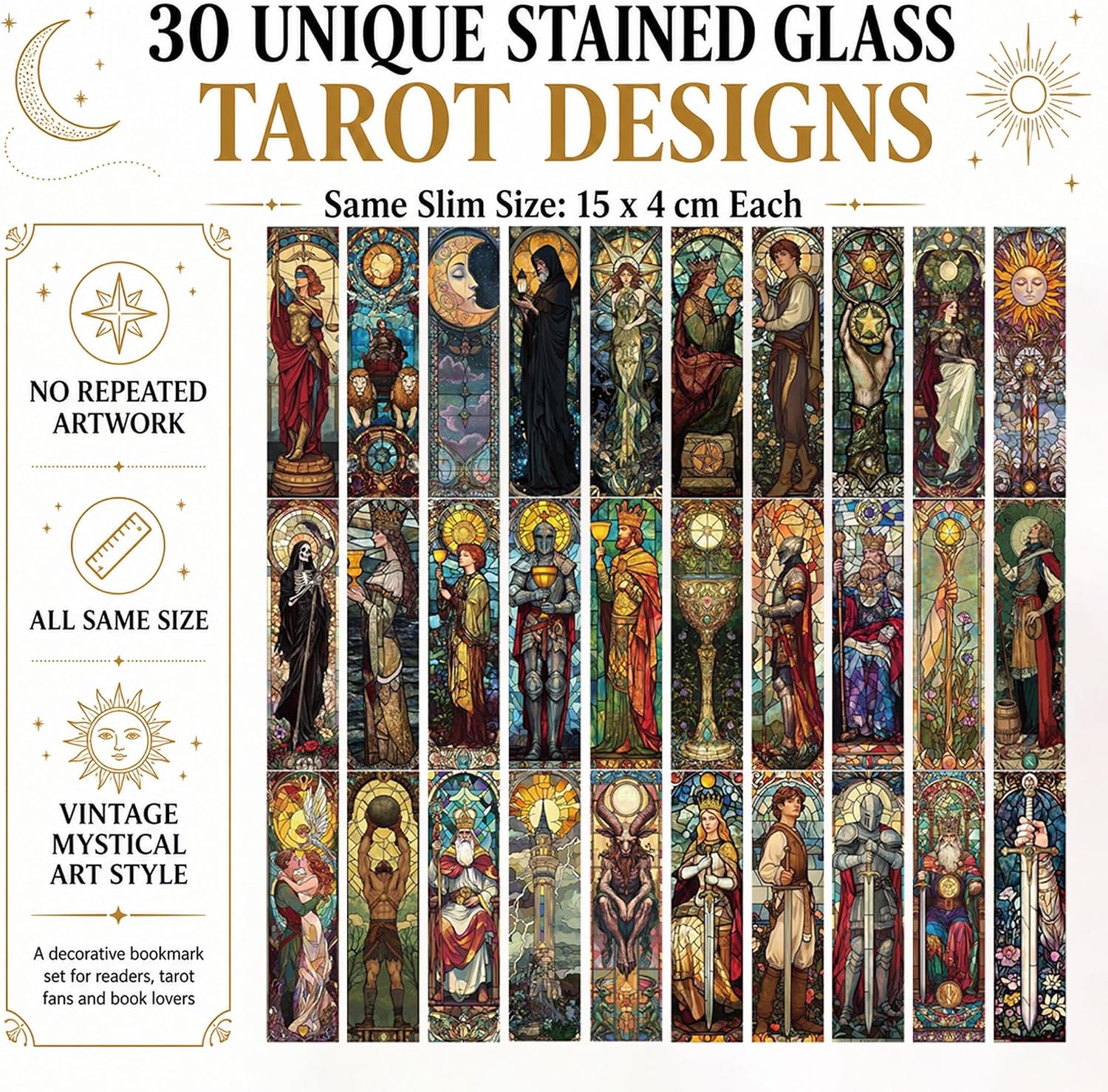 Detalle de YIMINGOUFEI BM2025 tarotboekenleggers in glas-in-loodstijl, set van 30