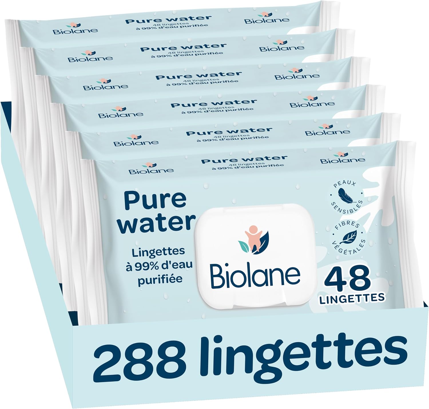 Detalle de BIOLANE Lingettes bébé Pure Water — Lot de 3x48 (144 lingettes) – pour peau sensible dès la naissance
