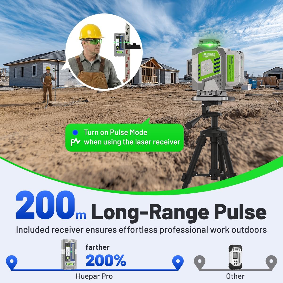 Thumbnail 1 de Huepar Pro Outdoor Laser Level mit Empfänger (4D, grüner 360° Kreuzlinienlaser) – selbstnivellierend