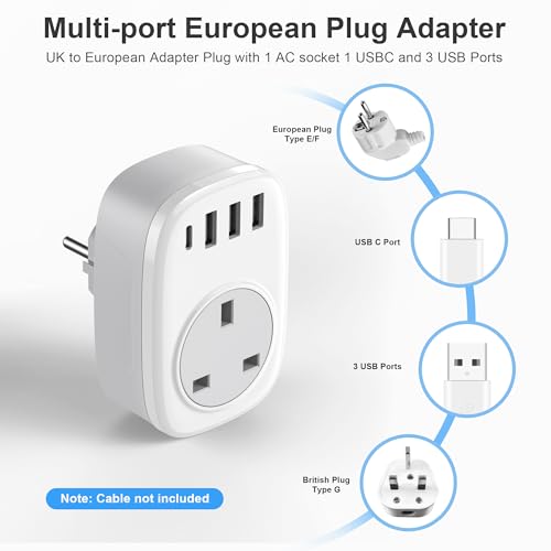 Detalle de Tusreda UK to EU Plug Adaptor (Type E/F) with USB-C and USB-A Ports