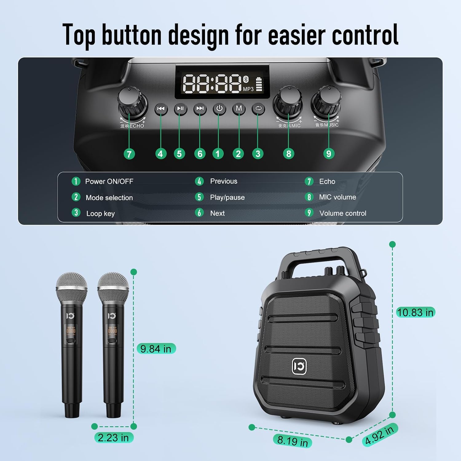 Detalle de SHIDU PRO 100W Voice Amplifier with Two Wireless Microphones, Bluetooth & Guitar Input