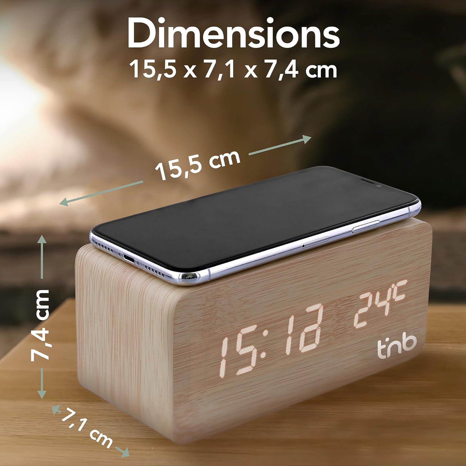 Thumbnail 6 de T'nB Réveil Dynamo avec Chargeur Induction 10W – Bois, 3 Alarmes et Luminosité Réglable