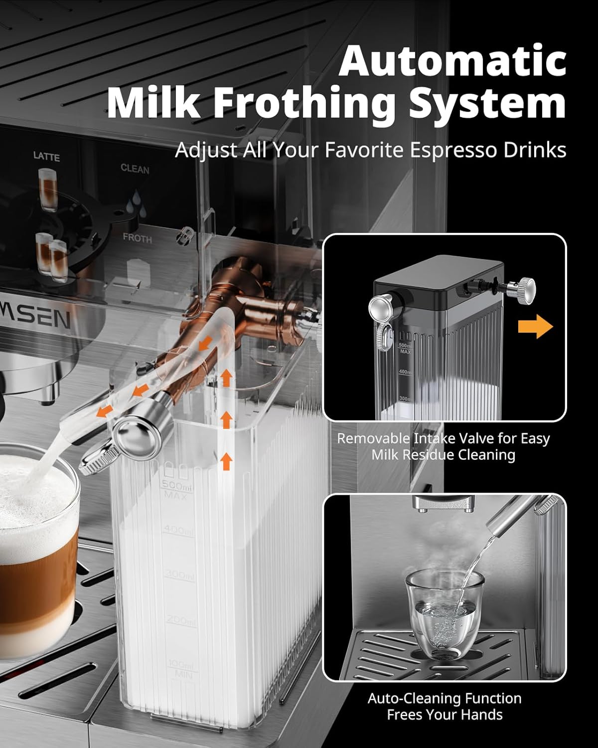Detalle de AIRMSEN 20 Bar Espresso Machine with Automatic Milk Frother: Dual Boiler Convenience in Stainless Steel