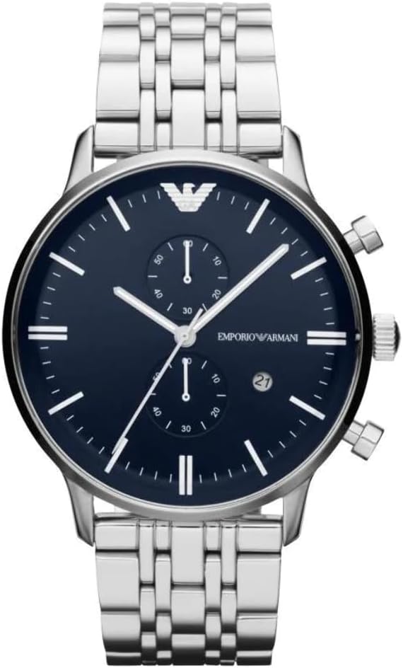 Detalle de Emporio Armani Herrenuhr mit Quarz-Chronograph, 42 mm Edelstahlgehäuse, blaues Zifferblatt, Edelstahlarmband