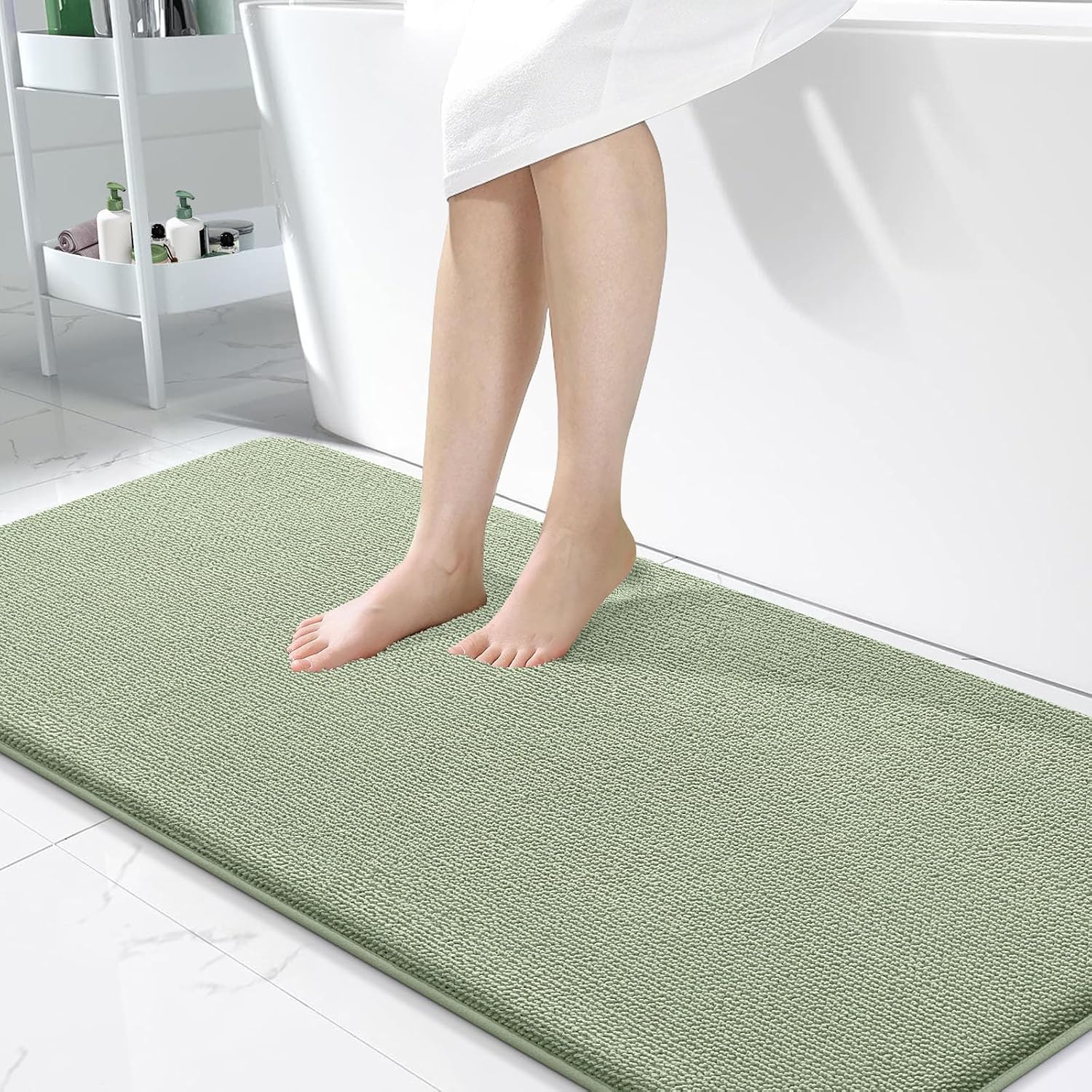 Detalle de OLANLY 47x24 Memory Foam Bathroom Runner Rug, Sage Green, Machine Washable