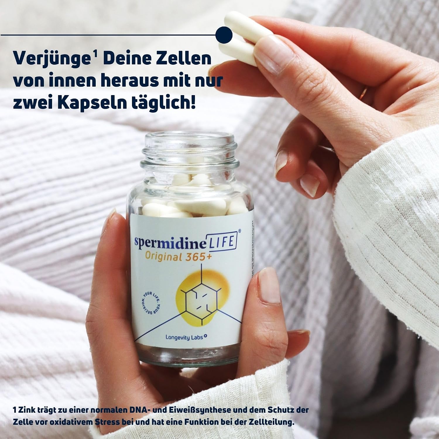 Detalle de spermidineLIFE Original 365+ – Natürlich hochdosiertes Spermidin aus CelVio Weizenkeimextrakt (120 Kapseln)