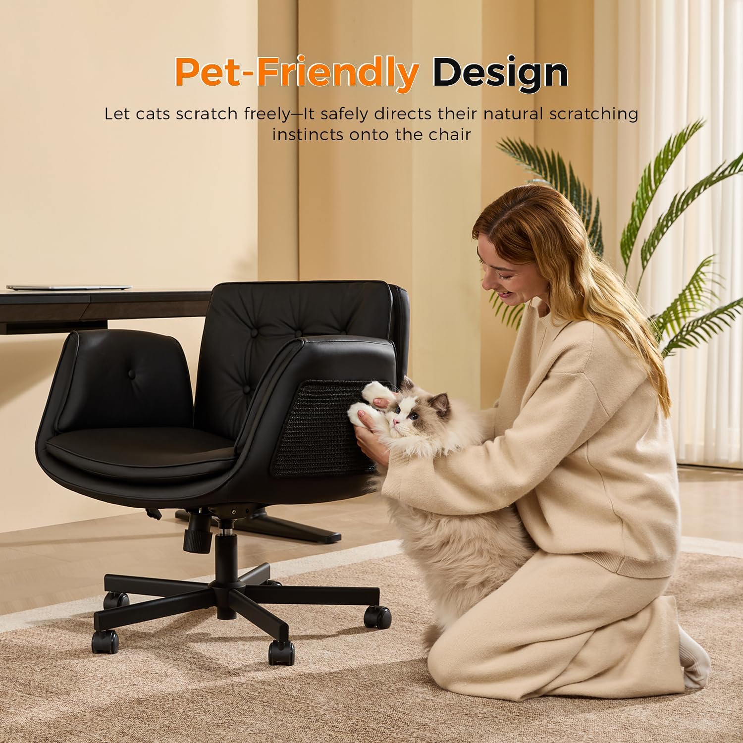 Thumbnail 2 de amseatec Criss Cross Chair with Natural Sisal Cat Scratch Pad, 5-Gear Adjustable Armrests, 360° Silent Casters — Black