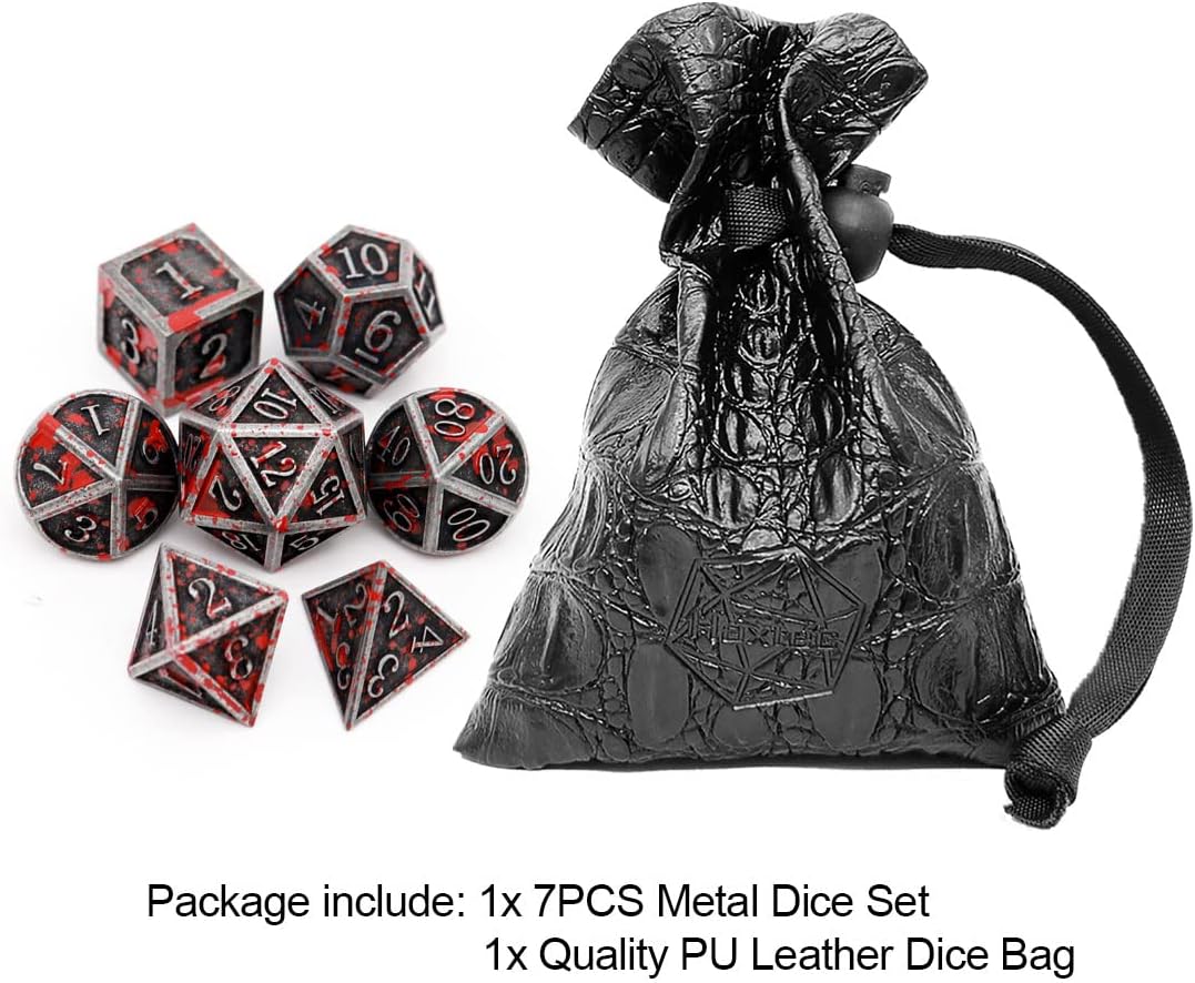 Detalle de Haxtec Bloodstained Metal DND Dice Set (7 pcs) with Leather Dice Bag