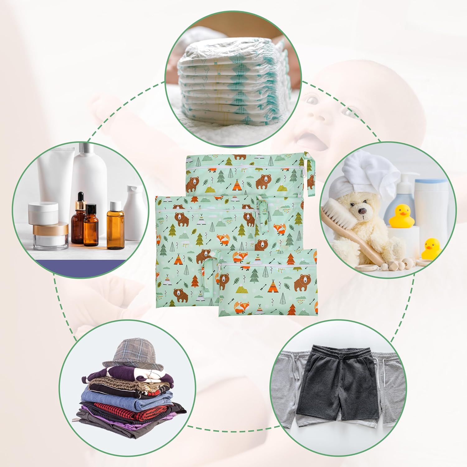 Thumbnail 3 de Zocipro Wetbag Set (3 Stück) für Stoffwindeln – Nass- und Trockenbeutel mit Reißverschluss für Kindergarten, Reisen & Pool
