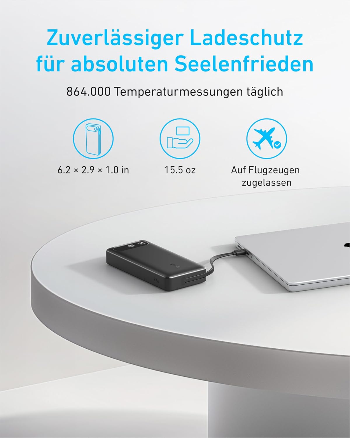 Detalle 2 de Anker Powerbank 20000mAh 87W Max mit integriertem USB-C Kabel – 3-Geräte-Ladung