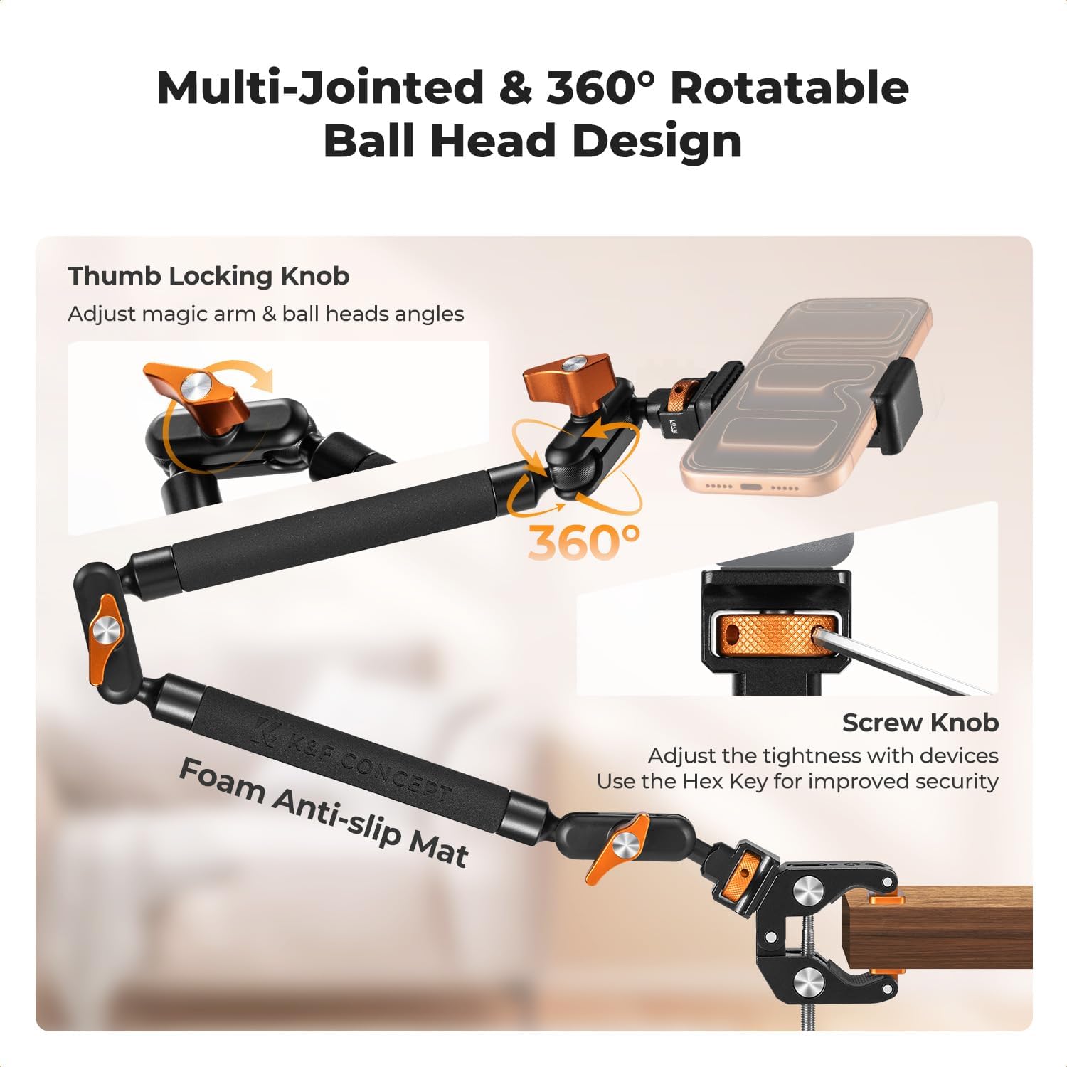 Thumbnail 3 de K&F CONCEPT 22" Magic Arm Clamp overhead desk camera mount with action camera adapter
