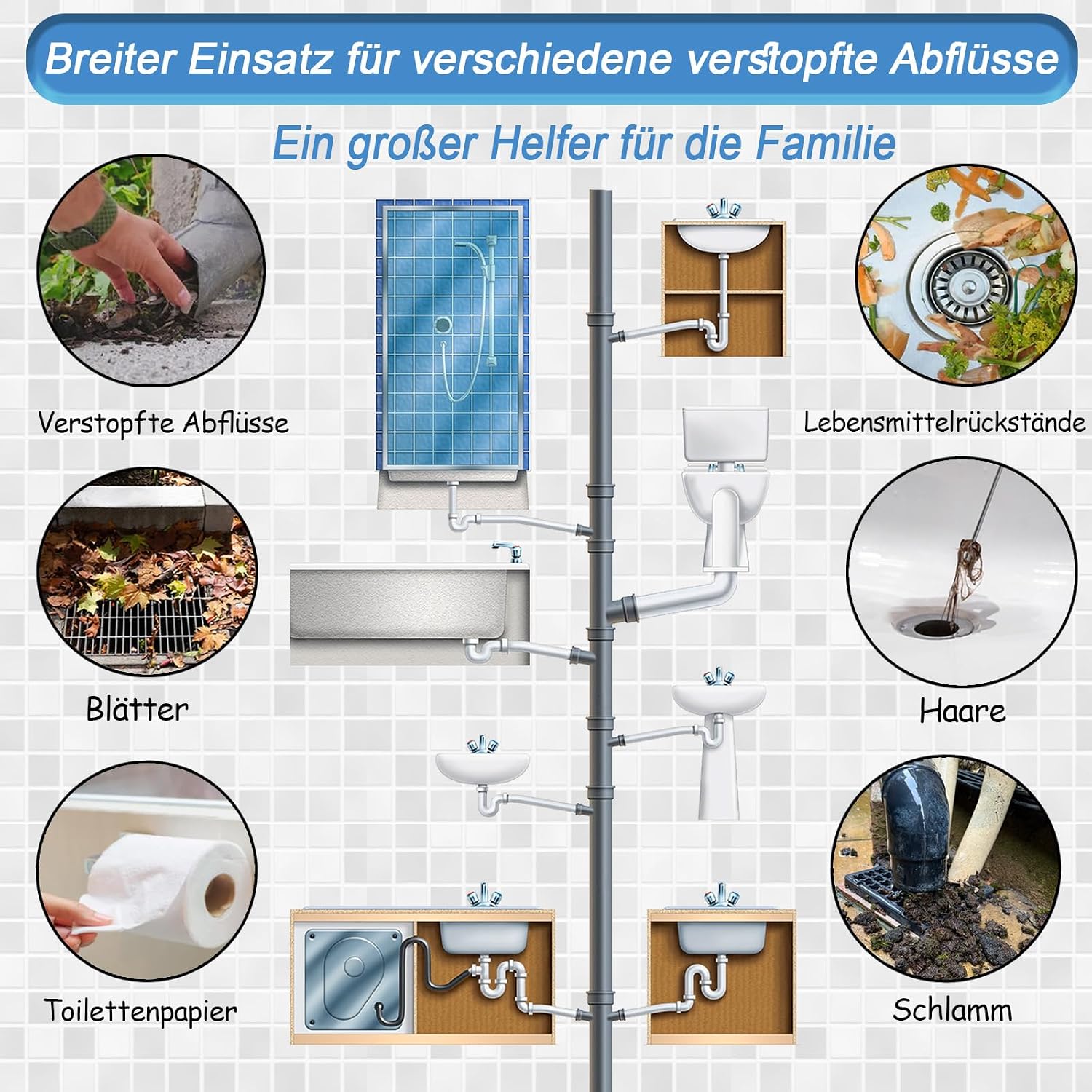 Detalle de Spirale per la pulizia dei tubi: set completo con 2 spirali da 3 m, teste intercambiabili e adattatore elettrico