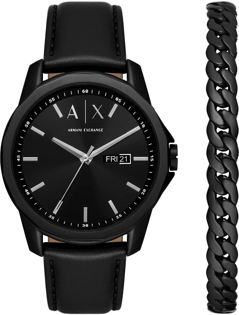 Detalle de Armani Exchange Herrenuhr mit Quarz-Dreizeiger-Datumwerk, 44 mm Gehäuse – Edelstahl oder Lederband