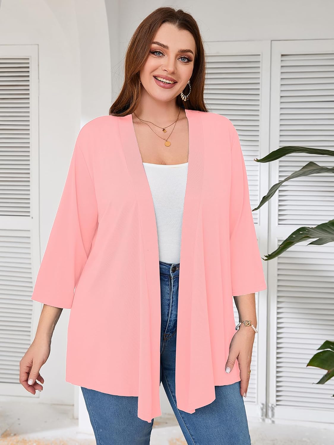 Detalle de AusLook Women's Plus Size Open-Front Cardigan, Lightweight 3/4 Sleeves