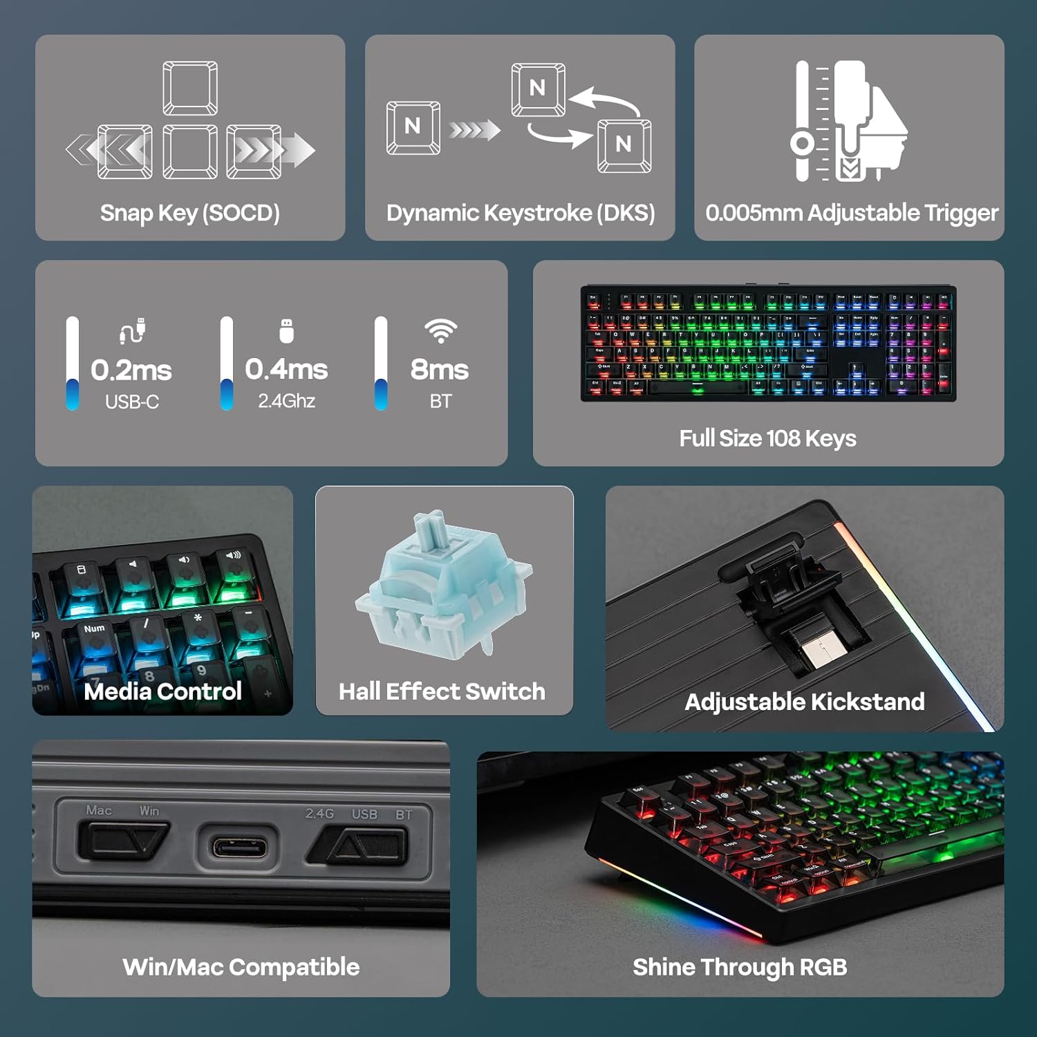 Detalle de EPOMAKER HE108 Wireless Gaming Keyboard: 8K Polling, 128K Scan Rate, Hall Effect Precision