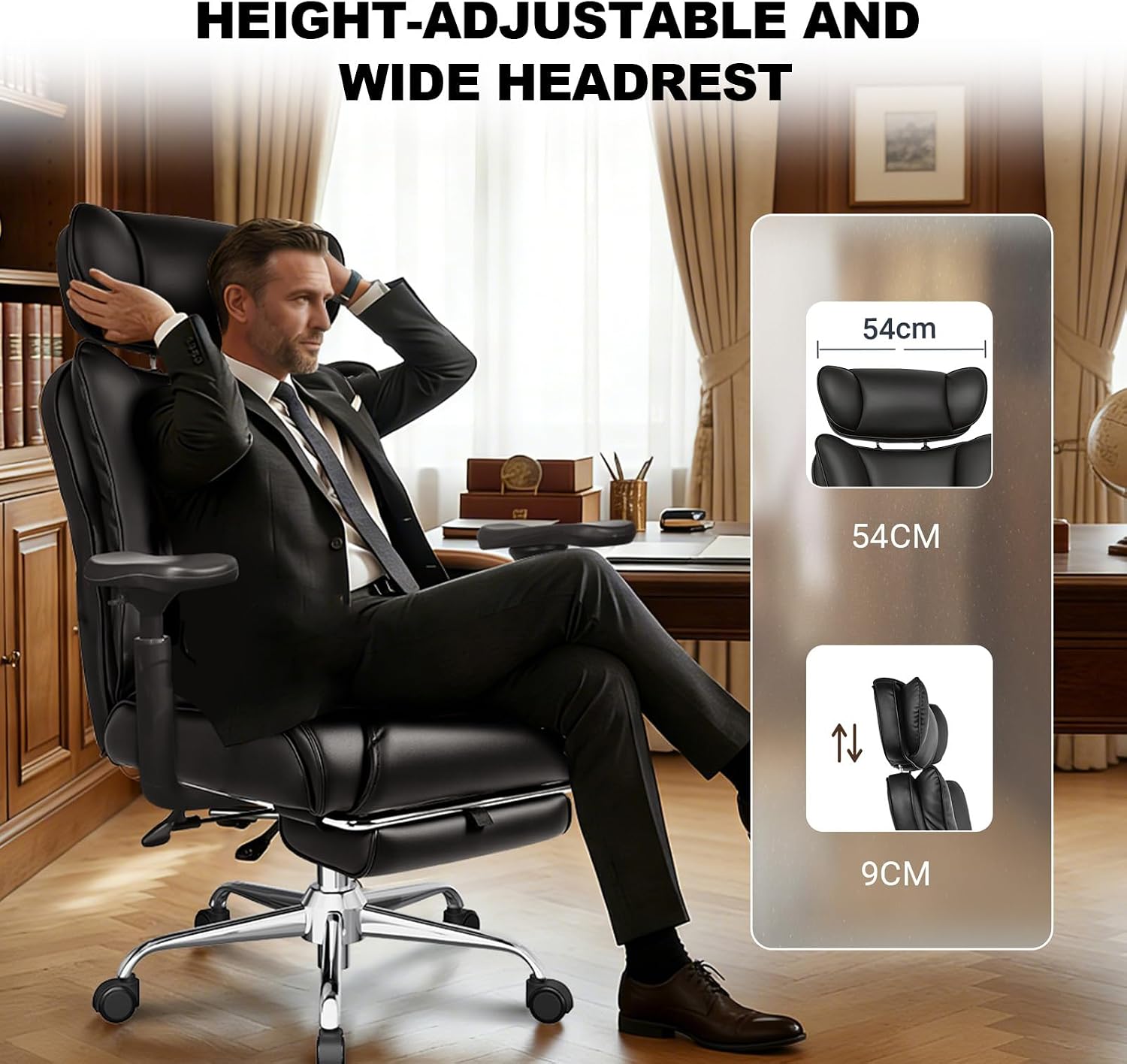Thumbnail 4 de BASETBL Office Chair Heavy Duty: 440lbs/200kg XXL Leather Executive with Headrest, Footrest and 3D Armrests