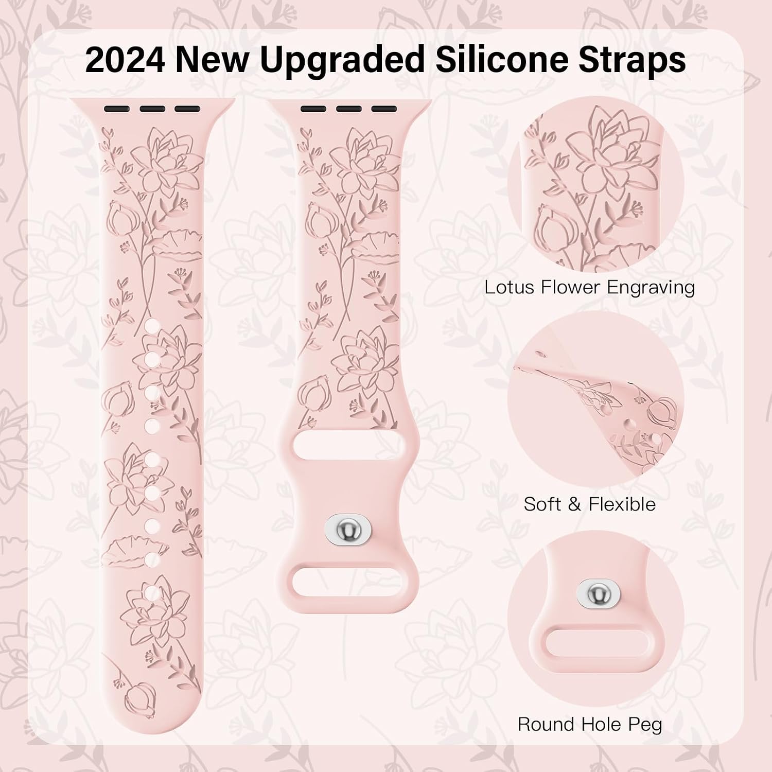 Thumbnail 2 de Yoohoo Floral Engraved Soft Silicone Strap for Apple Watch (38mm–49mm) – Pink